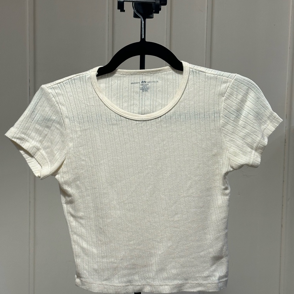 Brandy Melville White Ribbed Short Sleeve Cotton Tee